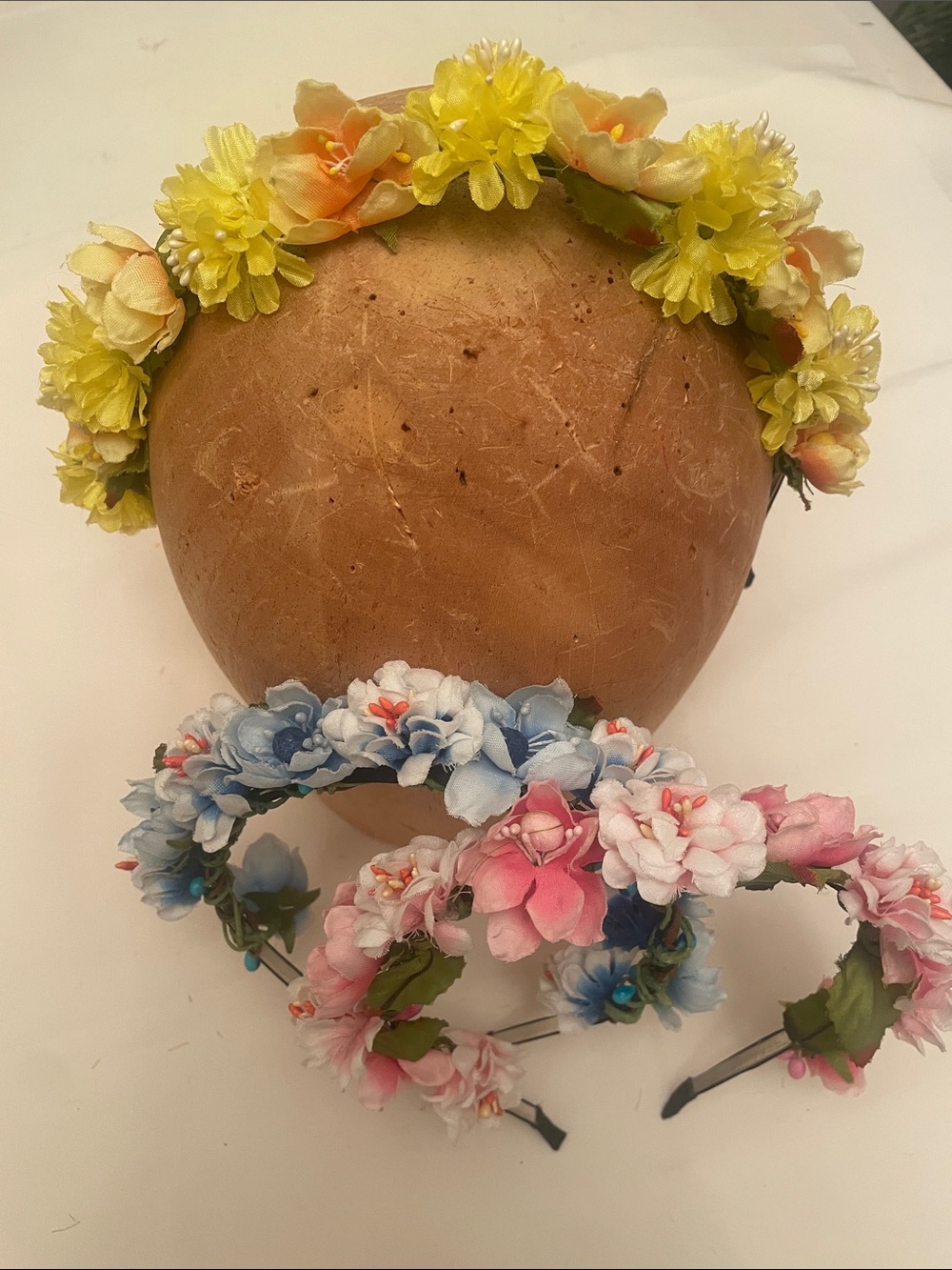 3 Floral Headbands with Blues, Pinks & Yellow with Orange flowers on metal bands
